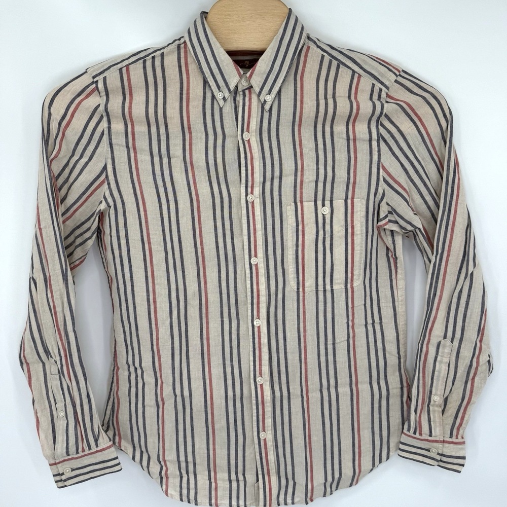 7 For All Mankind Button Down Mens Medium Beige AM0225-U59 Cotton Linen Striped